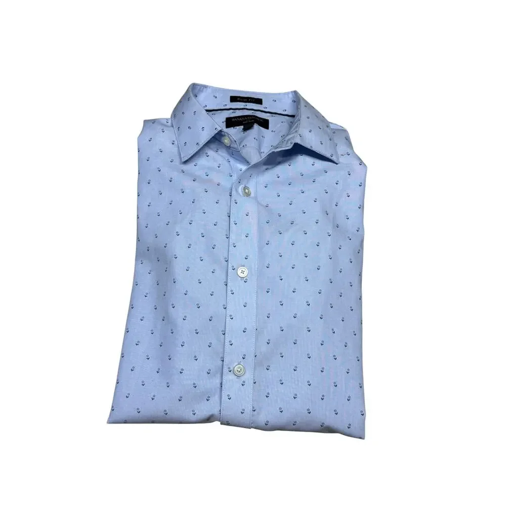 Banana Republic Slim Fit Blue Flower Non Iron Cotton Dress Shirt Men's Large